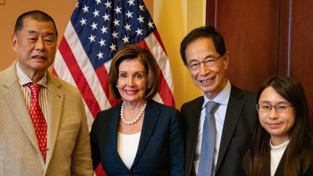 From left, Jimmy Lai with US Speaker Nancy Pelosi, former HK legislator Martin Lee and HK solicitor Janet Pang in Washington in 2019.