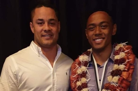 South Sydney teen Terrell Kalokalo, pictured with Jarryd Hayne after winning the NSWRL under-16s player of the year award, has signed a three-year NRL deal with South Sydney.