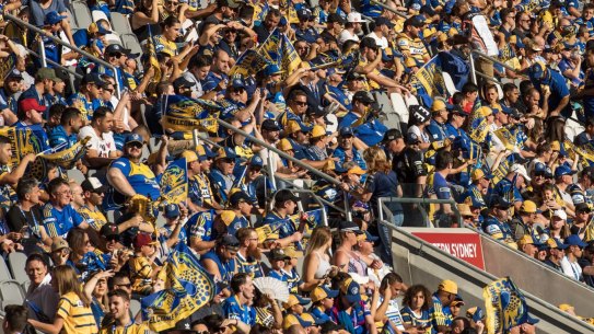 Sea of blue and gold: Parramatta fans turned out in huge numbers at Bankwest Stadium.