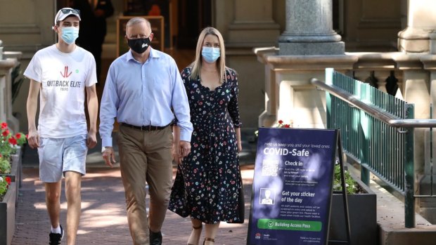 Labor Leader Anthony Albanese, with girlfriend Jodie Haydon and son Nathan, leaves Royal Prince Alfred Hospital after he was in a car crash in Marrickville earlier this month. 