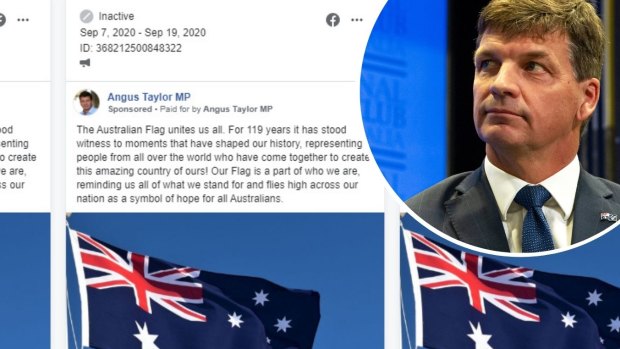 Federal Energy Minister Angus Taylor bought a series of Facebook ads to promote Australian National Flag Day.