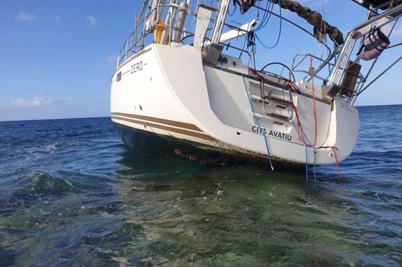 The stricken yacht run aground in the Abrolhos Islands.