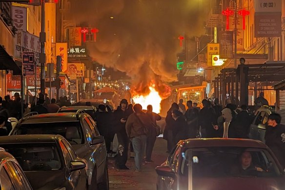 A self-driving car is torched in San Francisco.