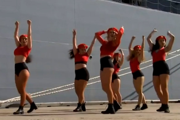 The 101 Doll Squadron performs a twerking routine at the launch of the navy’s latest ship, HMAS Supply, in Sydney at the weekend.
 