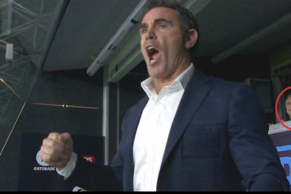 Brad Fittler with Ivan Cleary in the Blues’ coaching box on Wednesday