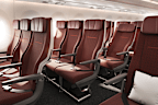 The 140-seat Economy cabin, configured in a 3-3-3. The woven wool upholstery is in an earthy Australian 'Pilbara Red’ colour. More than 70 per cent of seats on the aircraft will offer a pitch of 33 inches or more, the most generous of any Qantas aircraft.