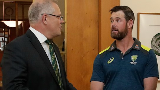 Prime Minister Scott Morrison meets with PM’s XI Cricket team co-captains Dan Christian and Peter Siddle in the Prime Minister’s office at Parliament House in Canberra on  Tuesday 15 October 2019. 