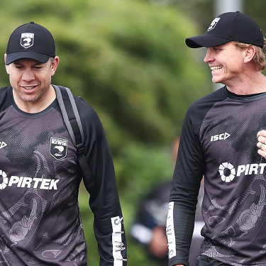 New Wests Tigers assistant coaches Nathan Cayless and Ben Gardiner during their time together under Maguire in the New Zealand national side.