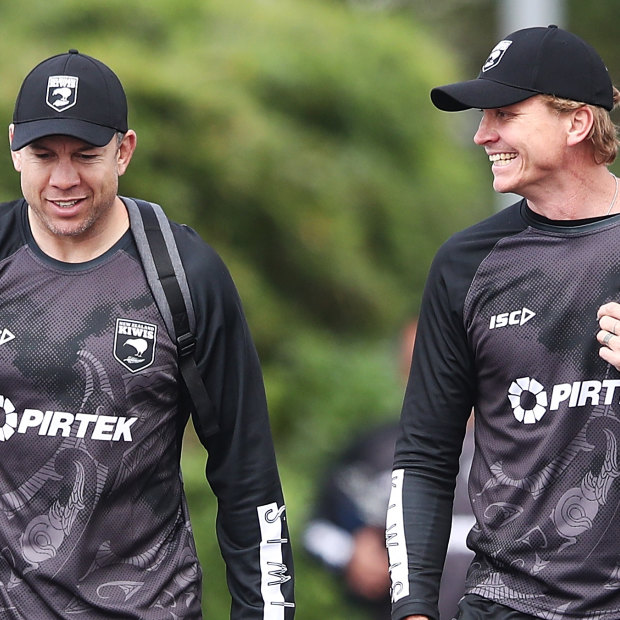 New Wests Tigers assistant coaches Nathan Cayless and Ben Gardiner during their time together under Maguire in the New Zealand national side.