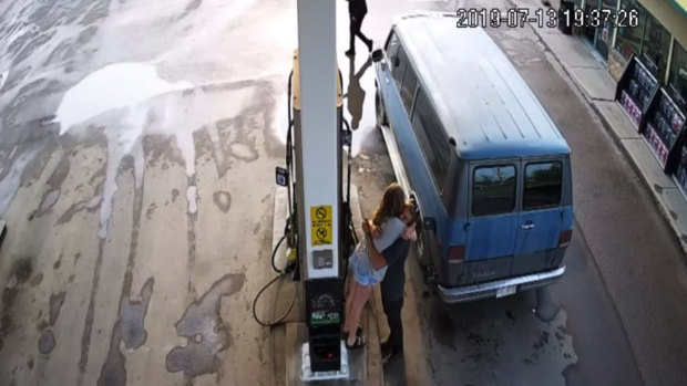 A screen grab from supplied CCTV footage released by Royal Canadian Mounted Police of murdered Australian man Lucas Fowler and his American partner Chynna Deese stopping at a petrol station in Fort Nelson.