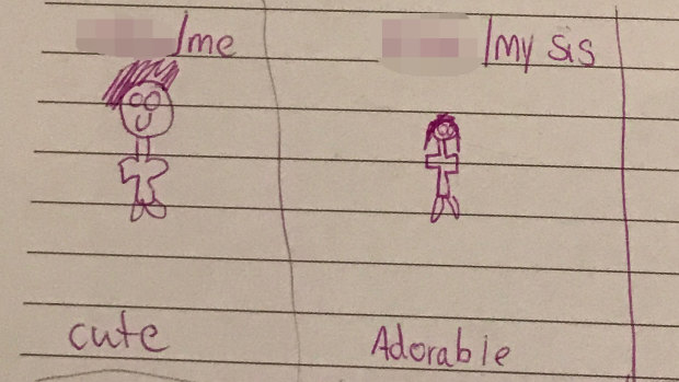 One of Julie's children draws a picture of himself and his new sister.