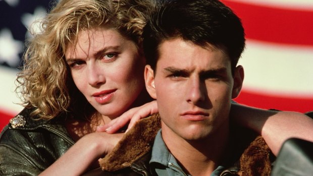 Kelly McGillis, left, and Tom Cruise are shown in a promotional image for the 1986 film, "Top Gun."
