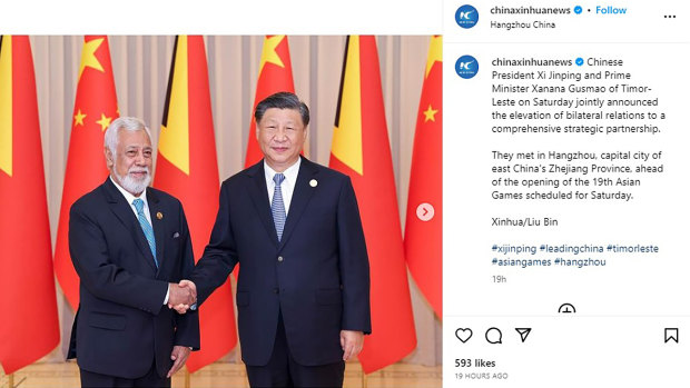 Timor-Leste Prime Minister Xanana Gusmao and Chinese President Xi Jinping jointly announced the elevation of bilateral relations to a comprehensive strategic partnership last weekend.