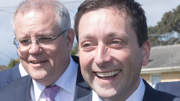 In happier times ... Prime Minister Scott Morrison and then Victorian Liberal leader Matthew Guy in September.