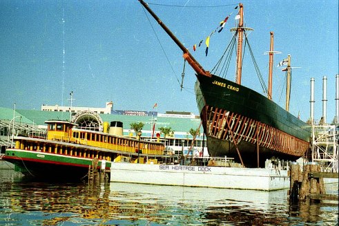 The James Craig under restoration in Darling Harbour, 1988.