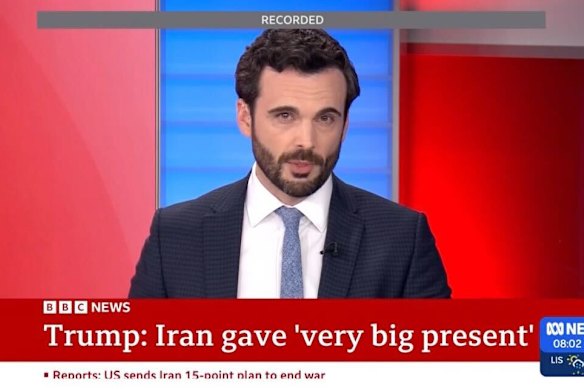 BBC news anchor and DC correspondent Carl Nasman presenting BBC World News America, aired on the ABC news channel shortly after the start of the ABC strike. 