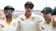 From left: Nathan Lyon, Pat Cummins, Alex Carey.