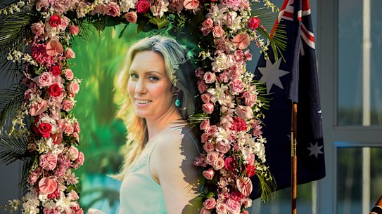A photo of  Justine Ruszczyk Damond is seen at memorial service for her in Minneapolis in August, 2017.