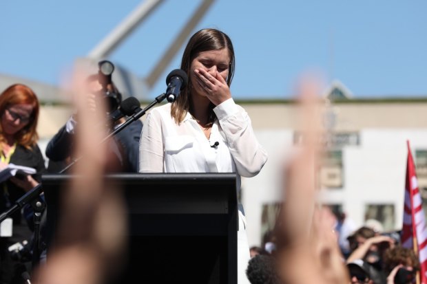 Supporters rally behind Brittany Higgins at the March4Justice protest in Canberra in March. On Higgins’ plight, Morrison insists “we sought to be as sensitive and as empathetic and as action-orientated as we possibly could”.