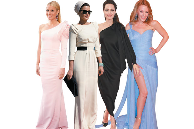 Ultra-wealthy fans of Ralph & Russo include (from left) Gwyneth Paltrow, Sheikha Moza bint Nasser, Angelina Jolie, and Kylie Minogue.