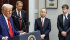 Donald Trump with Oracle’s Larry Ellison, Softbank’s Masayoshi Son and Sam Altman of OpenAI.
