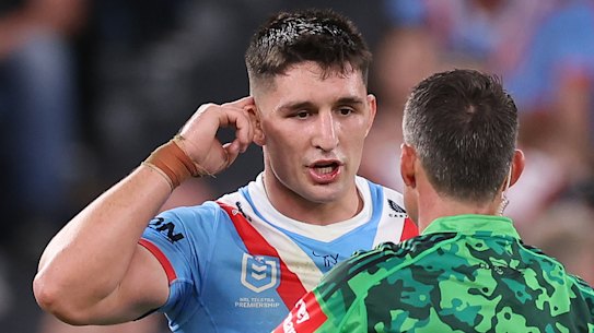 Victor Radley remonstrates with referee Adam Gee on Anzac Day.