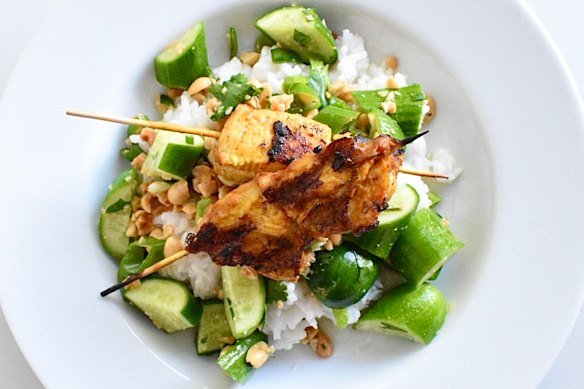 Satay chicken with cucumber salad and coconut rice is easy yet impressive.