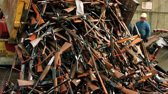 A truck unloads prohibited firearms at a scrapmetal yard in 1997 after the Port Arthur massacre a year earlier.