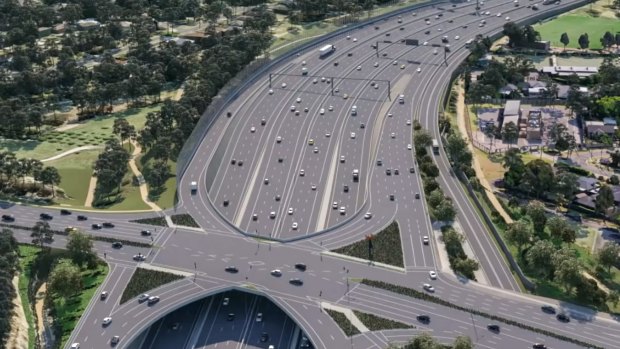 An artist's impression of what the widened Eastern Freeway at Doncaster Road would look like once the North East Link project is complete.