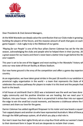This letter, signed by NSW coach Darren Coleman and CEO Paul Doorn, went out to 310 rugby clubs.