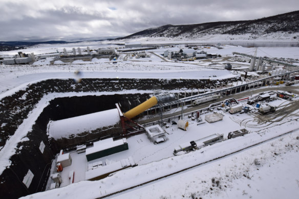 The Tantangara worksite for the Snowy 2.0 project, under snow in the recent cold snap in the Australian Alps. 