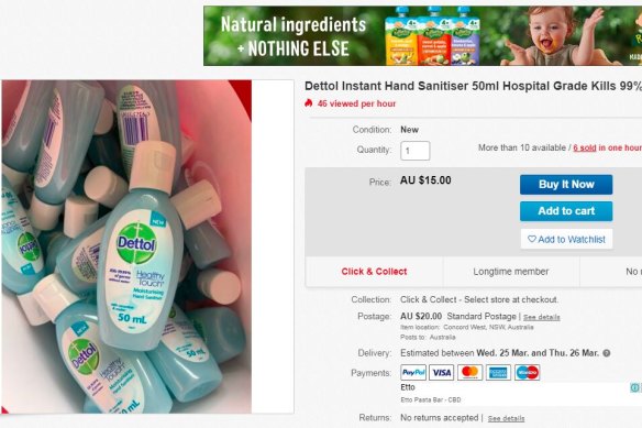 Dettol hand sanitiser selling for $15 on eBay this week.