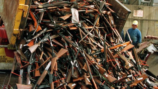 A truck unloads prohibited firearms at a scrapmetal yard in 1997 after the Port Arthur massacre a year earlier.