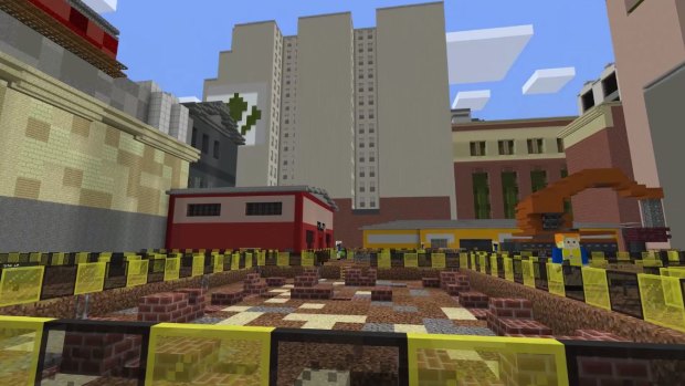 The Metro Tunnel construction site on Swanston Street in the Minecraft game.