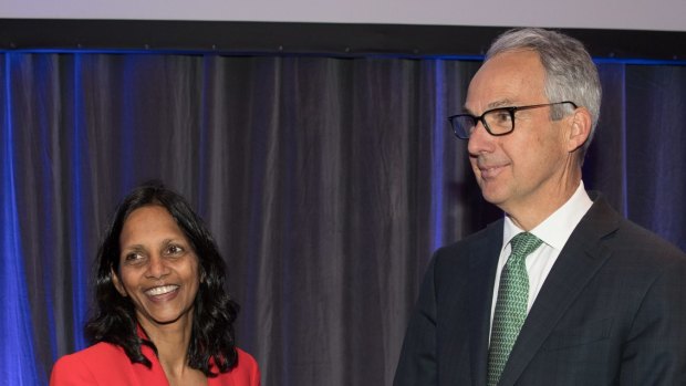 New Macquarie CEO Shemara Wikramanayake with outgoing CEO Nicholas Moore at the Macquarie Group AGM in Sydney.