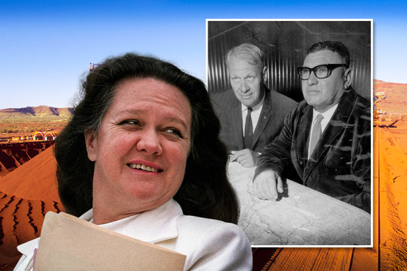 Gina Rinehart and her company Hancock Prospecting, started by her father Lang (inset far right), is defending claims to its Hope Downs iron ore tenement in the Pilbara from Wright Prospecting, started by Peter Wright (inset left).