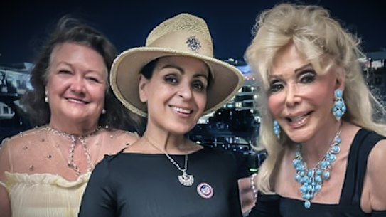 Rita Panahi is flanked by Gina Rinehart (left) and Toni Holt Kramer at Panahi’s birthday bash.