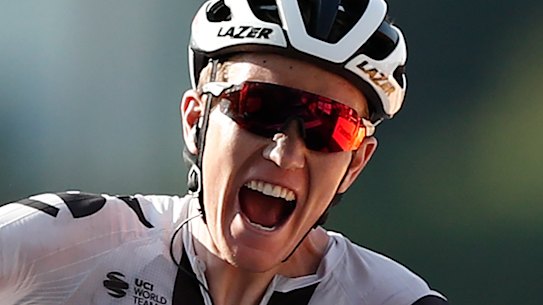 Soren Kragh Andersen celebrates as he crosses the line in first place.