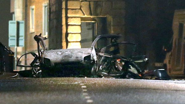 The scene of Saturday night's car bomb on Bishop Street in Londonderry, Northern Ireland.