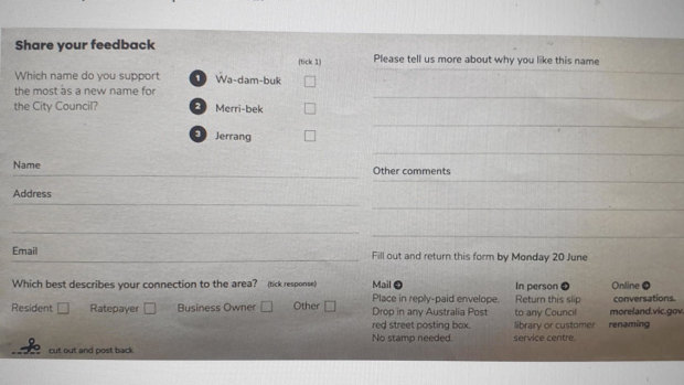 The postal survey received by Moreland residents during consultation of the council’s name change.