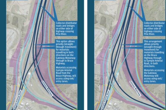 These two options for the merging point of the Gateway Motorway and Bruce Highway at Bald Hills show the impact on the Tinchi Tamba Wetlands.
