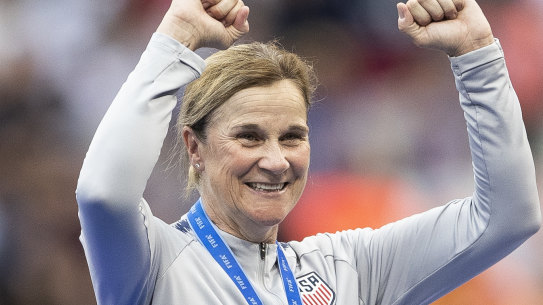 Jill Ellis celebrates victory in the 2019 FIFA Women's World Cup France Final match between The United States of America and The Netherlands at Stade de Lyon on July 07, 2019 in Lyon, France.