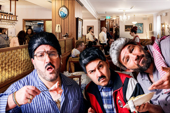 Composite image of comedy trio Sooshi Mango and the interior of their Carlton restaurant Johnny Vince & Sam’s.