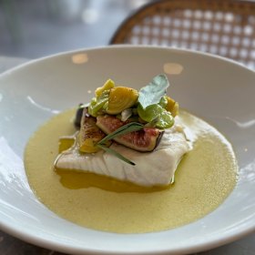 Market fish with artichoke sauce, spring greens and figs
