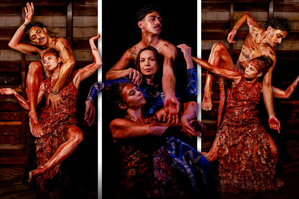 Bangarra dancers Daniel Mateo and Kassidy Waters with artistic director Frances Rings.