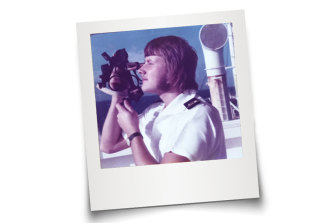 Peter van Duyn in 1974 taking a sun observation with a sextant on the tanker MV Camitia. 