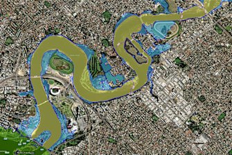 Perth flood mapping shows eastern suburbs landmarks that would be submerged if the water level rose 2 metres. 