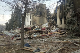 An image supplied by Ukraine’s Azov Battalion volunteer militia shows the Drama Theatre after Thursday’s shelling in Mariupol.