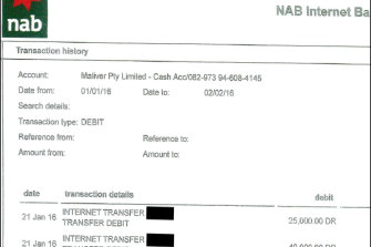 A bank statement from Caddick’s company Maliver showing money transferred out in the names of two investors purporting to be as payment for renting out her house.