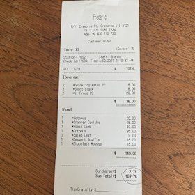Receipt for lunch with William Mora at Frederic’s.